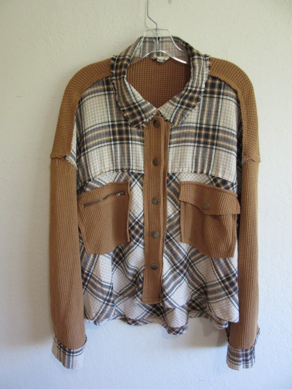 POL Fall Theme L Plaid Waffle & Flannel Raw Edge Trim Relaxed Fit Jacket